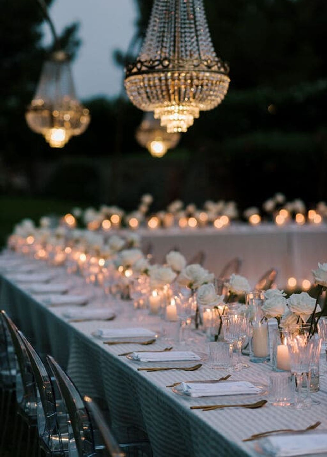 White flowers, candles, chandeliers, dinner, romantic, private event